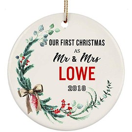Newlyweds Christmas Ornament Tree - Our First Christmas as Mr & Mrs Lowe Ornament 2018-1st Christmas Married Gifts - Ceramic Ornament 3 Inches White White
