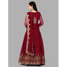 TRENDMALLS Women's Net Embroidery Salwar Suit Set Kurta Lehenga with Dupatta (G112-Maroon-S)