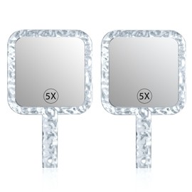 YEAKE Hand Mirror,Double-Sided Handheld 1X/5X Magnifying Mirror with Handle for Makeup, Shaving Mirror with Hole Hanging,Acrylic, 6.1" W x 10" L, Square Shape, Transparent 2 PCS