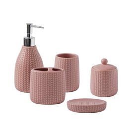 SURUI Luxury Bathroom Sink Set - 5-Piece Soap Dispenser & Toothbrush Holder Set with Cotton Swab Dispenser, Tooth Glass, Soap Dish - Ceramic Bath Accessories Set （Pink） ﻿