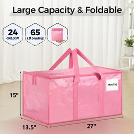 8 Pack Extra Large Heavy Duty Moving Bags, Clear Storage Bins with Lids, Reinforced Handles & Heavy-Duty Zippers Moving Boxes Storage Bags Totes for Clothes Packing, Dorms, College Supplies, Pink