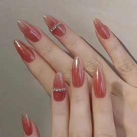 24Pcs Almond Press on Nails Red False Nails Medium Almond Shaped Full Cover Stick on Nail Artificial Glossy Acrylic Fake Nails DIY Manicure Decoration for Women
