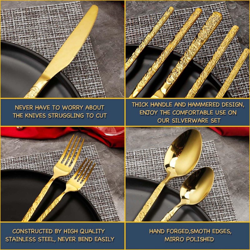 20-Piece Gold Silverware Set, Hammered 18/10 Stainless Steel Flatware Set