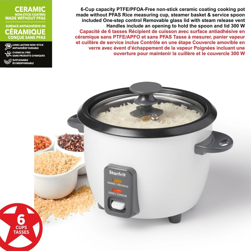 Starfrit Electric Rice Cooker - 6 Cups - Steamer Basket,