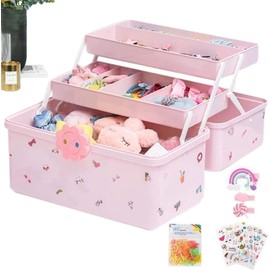 Caja De Almacenamiento Para Accesorios De Cabello, Organizador De Accesorios De 3 Capas Con Compartimentos Y Asa Para El Cabello Para Niñas, Caja Para Suministros De Arte, Maquillaje, Uñas