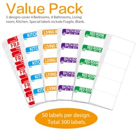 300 Count 3.5 x 2 Large Home Moving Packing Box Labels for 3-4 Bedroom House with Writable Notes Areas, 6 Color Coded Moving Labels for Boxes + Fragile Moving Stickers