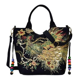 Puyang Women Sequins Peacock Embroidery Ethnic Handbag Crossbody Purse Ladies Canvas Tote Shoulder Bag with Pendants(Black)