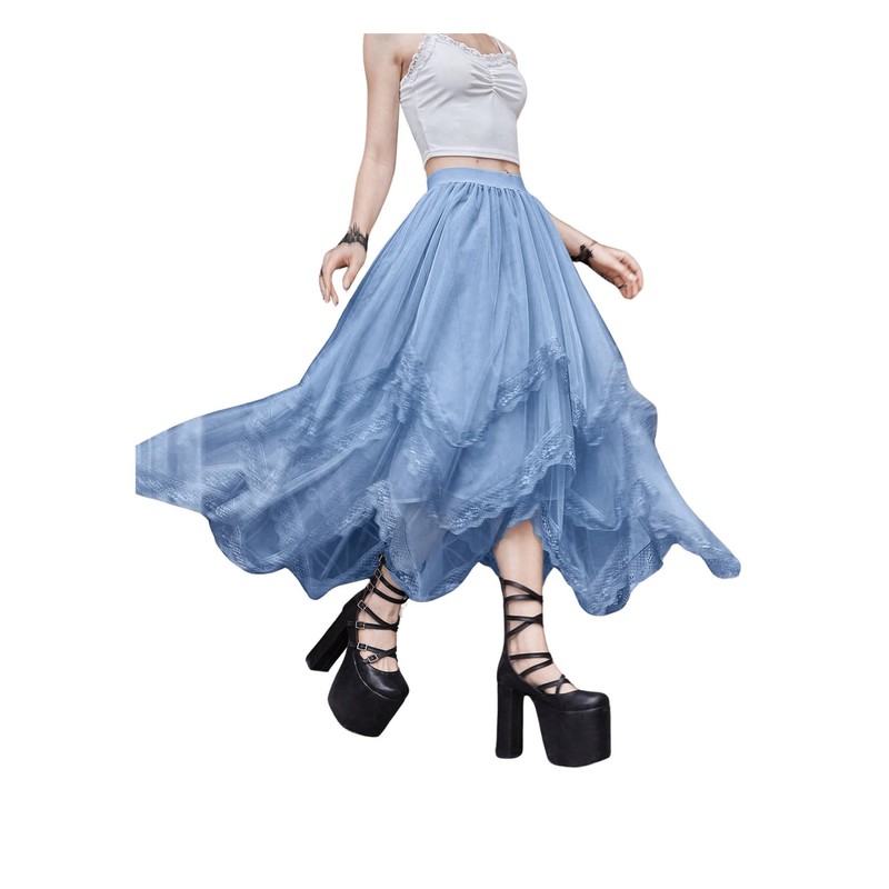 SHENHE Women's Lace Trim Layered Mesh Tulle Skirt High Waist