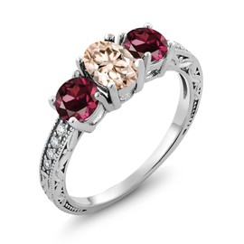 Gem Stone King 1.97 Ct Oval Peach Morganite Red Rhodolite Garnet 925 Sterling Silver Moissanite Ring (Size 8)