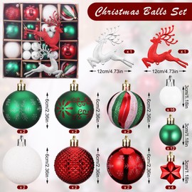 Christmas Tree Baubles, 46pcs Beautiful Christmas Balls with Various Styles, Shatterproof Christmas Baubles Set, Hanging Ball Ornaments, White Red and Green Baubles for Christmas Tree Decorations