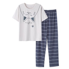 CYCHELRY Big Girls Pajamas Lovely 2PCS Soft Grey and Blue Cat Short Sleeve with Pants Sleepwear Teens PJS Clothes Size 6