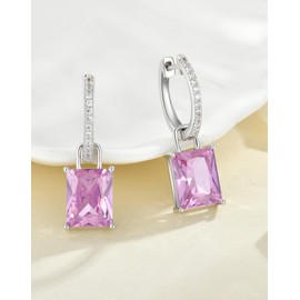 Guesma Pink Tourmaline Cushion Princess Emerald Cut Hoop Earrings Women - 10x8mm Solid Sterling Silver 18K White Gold Plated Dangle Drop Leverback Created Birthstone Jewelry