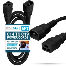 IronBox Electric C14 to C19 Power Cords - 13A, 250V, 16/3 AWG SJT - UL Listed Power Supply Cable - Heavy Duty Power Cord Extension for Computer, Monitor, PDU, Desktop, Audio and More (6 ft, Black)