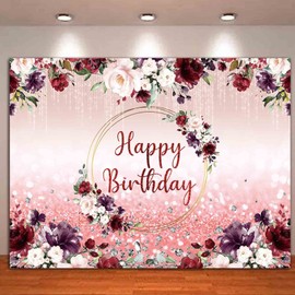 Burgundy Flower Happy Birthday Photography Backdrops 72.8x43.3inch Rose Gold Glitter Blush Photo Background for Women Lady Girl 16th 30th Birthday Party Decorations Banner Photo Booth Supplies
