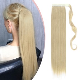Wrap Around Ponytail Extension Wrap Pony Tail Hair Extension One Piece Long Straight Clip In On Ponytail Hairpiece Wavy Synthetic Magic Paste Soft Silky (23"Straight,Ash Blonde Mix Bleach Blonde)