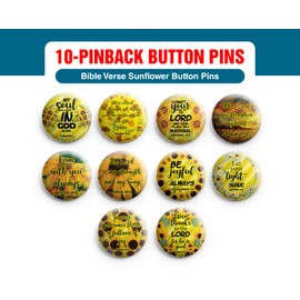 NewEights Bible Verse Sunflower Button Pins (1-Set X 10 Buttons) - Large 2.25" VBS Sunday School Easter Baptism Thanksgiving Christmas Rewards Encouragement Enticement Inspirational Gift