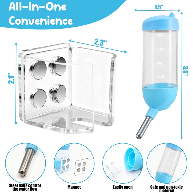 Magnetic Hamster Water Bottle Holder with Water Bottle, Adjustable Height