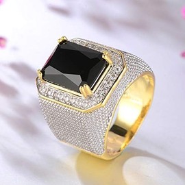 hsiyyecg Men's 18K Gold-Plated Emerald Cut Simulated Black Onyx Ring Full Diamond Wedding Band Super Big Promise CZ Hip Hop Rings Anniversary Jewelry Gift（11）