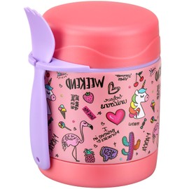 10oz Soup Thermo for Hot Food Kids,Lunch Thermo Kids Food Jar with Spoon Hot Insulated Food Containers,Leak Proof Stainless Steel Wide Mouth Lunch Food Thermo Jar for School(Pink-Flamingo)