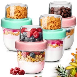 ComSaf 4 Pcs 8oz Overnight Oats Containers with Lids, Glass Yogurt Parfait Cups for Cereal Nut Fruit, Dual-Layer Chia Pudding Jars Reusable, Small Mason Jars for Salad, Meal Prep, Snack, Oatmeal