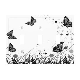 Butterfly Light Switch Cover Plate 3 Gang Triple Toggle Decorative Wall Plates Black White Faceplate for Farm House Bedroom Kitchen Living Room Plastic Art Decora