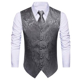 HISDERN Men's Suit Vest, Paisley, Necktie, Pocket Square, 3-Piece Set, Formal, Wedding Vest, Large Size, Fit, 2 Pockets, Gray (Please refer to the size chart in picture 2)