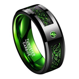 TUNGSTORY Mens 8mm Black Celtic Dragon Tungsten Carbide Wedding Band Green Carbon Fiber Inlay Anniversary Ring Size 8