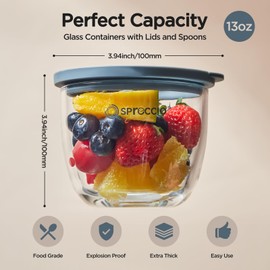 Spreccio Glass Meal Prep Bowls Set - Leakproof Lids, Microwave & Dishwasher Safe 13 oz (4-Pack) Perfect for Meal Prepping, Portion Control, and On-the-Go Lunches BPA-Free
