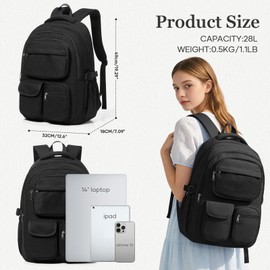 Cypak Black Backpack for School Teens Boys Girls, Large Capacity School bag for Men Women, Cute Bookbag for Students, Lightweight College backpack with lots of pockets