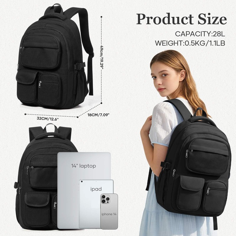 Cypak Black Backpack for School Teens Boys Girls, Large Capacity