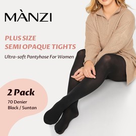 MANZI Plus Size Opaque Control Top Tights for Women 70 Denier Run Resistant High Waist Pantyhose(1 Black + 1 Suntan,4XL)
