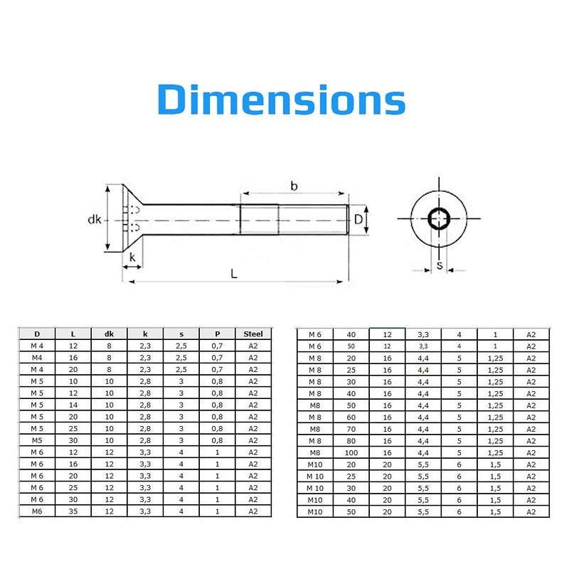 M8X50 Countersunk Allen Screw, Stainless Steel Hex Socket Machine Screws