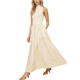 Lauweion Women's Summer Sleeveless Mock Neck Maxi Dresses Patchwork Casual Flowy Drop Waist Dress with Pockets Apricot