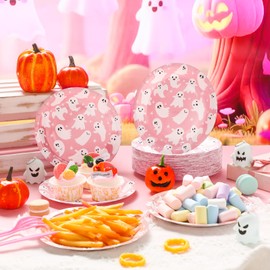 FillTouch 100 Platos de Papel Desechables para Tartas y Postres Decoración para Fiestas(Fantasma rosa de Halloween,7 Pulgadas,Rosa)