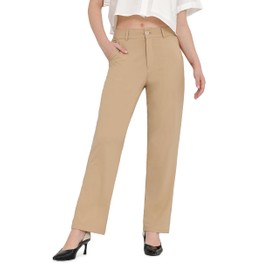 Bamans Khaki Dress Pants Women Work Business Casual Pants Tummy Control Office Straight Leg Trousers High Waisted Ladies Slacks 33" XS