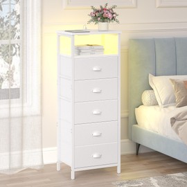 sthmec sthmec Nightstand with Charging Station,LED White Nightstands with 5 Fabric Drawers PU Finish, Bedside End Tables, 2-Tier Open Storage Shelf Side Table Nightstand with Drawers for Bedroom,White