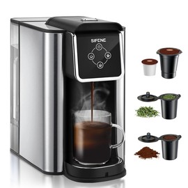 SIFENE single serve coffee machine 3-in-1 coffee maker for quick brew pods ground and loose tea 6-10oz cup sizes 50oz removable water tank 1150w compact efficient black