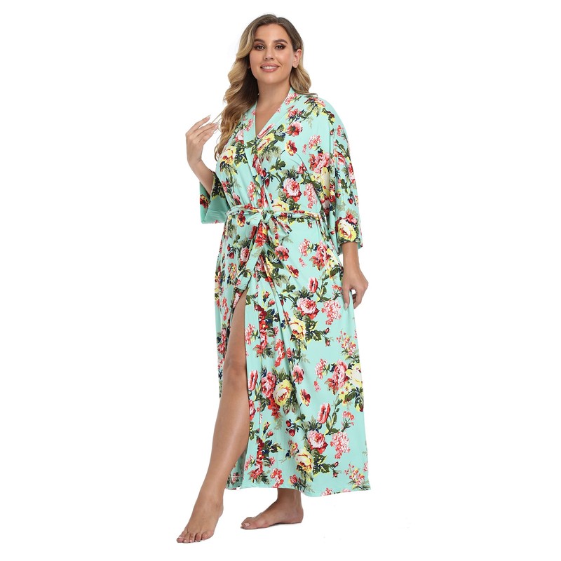 Women's Plus Size Long Lightweight Floral Cotton Kimono Maternity Delivery