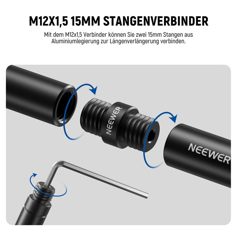 NEEWER Rod Connection 15 mm, Pack of 4, M12 x