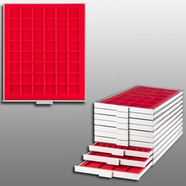 Prophila Collection Coin Box Grey 48 Square Compartments for Coins up to 30 mm, Red Insert e.g. 1 Oz. Canada/Maple Leaf Gold