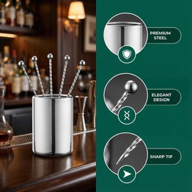KGCGJVB 6Pcs Metal Cocktail Picks and Holder Reusable Stainless Steel Skewers Toothpicks Kit for Cocktails Drinks Garnish Appetizers Martini Picks Fruit Coctail Skewer Accessories