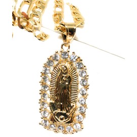 Gold Plated Virgin Mary Pendant Necklace Figaro 26" Virgen de Guadalupe Medalla Oro Laminado