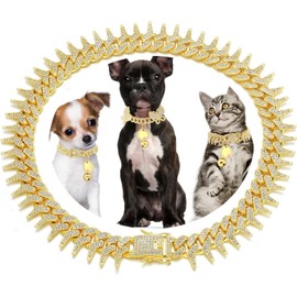 Pimaodog Dog Chain Collar, Side Spiked Style Necklace Bling Diamond Cuban Link Dog Collars Glitter Rhinestone Puppy Collar for for Small Medium Large Pet Dogs (Rosegold, 24 Inch)