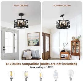 Rustic Ceiling Light Fixture,Round Farmhouse Black Ceiling Light,Deer and Tree Lamp,Bedroom,Livingroom,Entryway,Hallway,Industrial Indoor Lighting Flush Mount,Home Office Decor,3 Light,Cage Shape