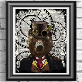 Steampunk Bear, Poster Print on Antique Dictionary book page, wall decor, Home decor, unique gift
