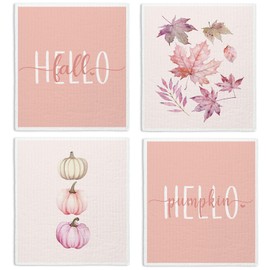 LARTSFRO Pink Hello Fall Swedish Dishcloths for Kitchen, Papaya Reusable Paper Towels, Autumn Pumpkin Swedish Dish Cloths, 4 Pack Dish Towels for Kitchen, Reusable Paper Towels Washable