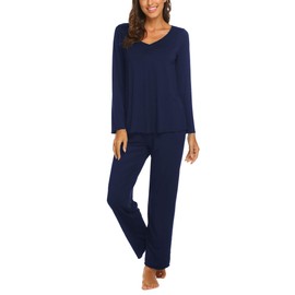 Ekouaer Women's Pajama Set Long Sleeve Pj Sets Two Piece Loungewear Soft Pajama Top and Pants Pjs Sleepwear Dark Blue