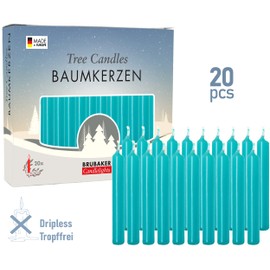 BRUBAKER Tree Candles - Pack of 20 - Turquoise - 3¾ x ½ Inches - Made in Europe - Christmas Wax Candles for Pyramids, Carousels & Chimes