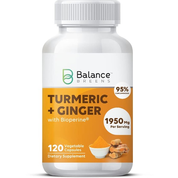 Turmeric Curcumin Ginger 95% Curcuminoids 1950mg with Black Pepper, 120 Vegan Capsules - Bioperine for Best Absorption - Inflammatory Support and Brain Health - Turmeric Capsules by Balance Breens