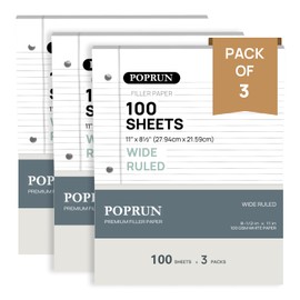 POPRUN Loose Leaf Paper, 8.5" x11" Wide Ruled, 100GSM / AA Grade Bulk Lined Filler Sheets, 3 Hole Punched for Binder Notebook, Office School Supplies, 3 Pack (300 Sheets)